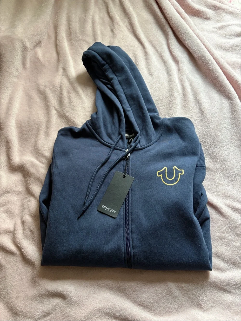 True Religion Navy Full-Zip Hoodie with Yellow Horseshoe Accent